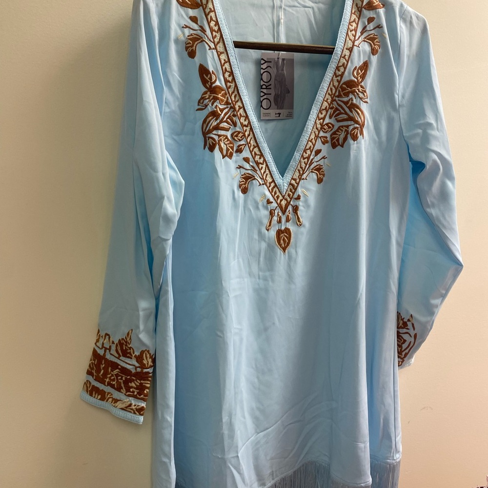 NWT Oyrosy Light Blue Embroidered V-Neck sundress